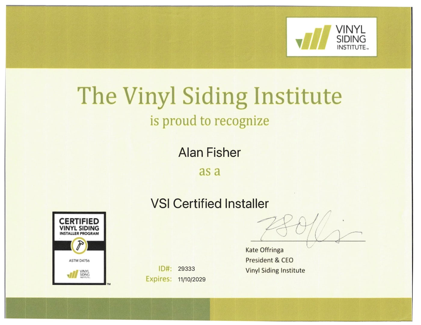 Alan Fisher - VSI Certified Installer Certificate
